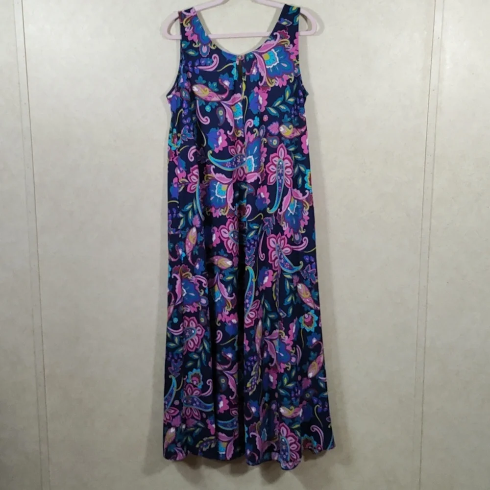 G093 Soft Surroundings navy & mauve Rosalia Maxi Dress L NWT